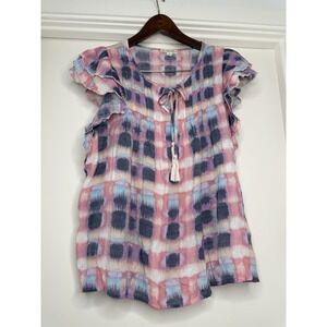 L Woman INDIGO ROSE Pink Blue TieDye Sheer Flutter Sleeve Tassel Tie Blouse Boho